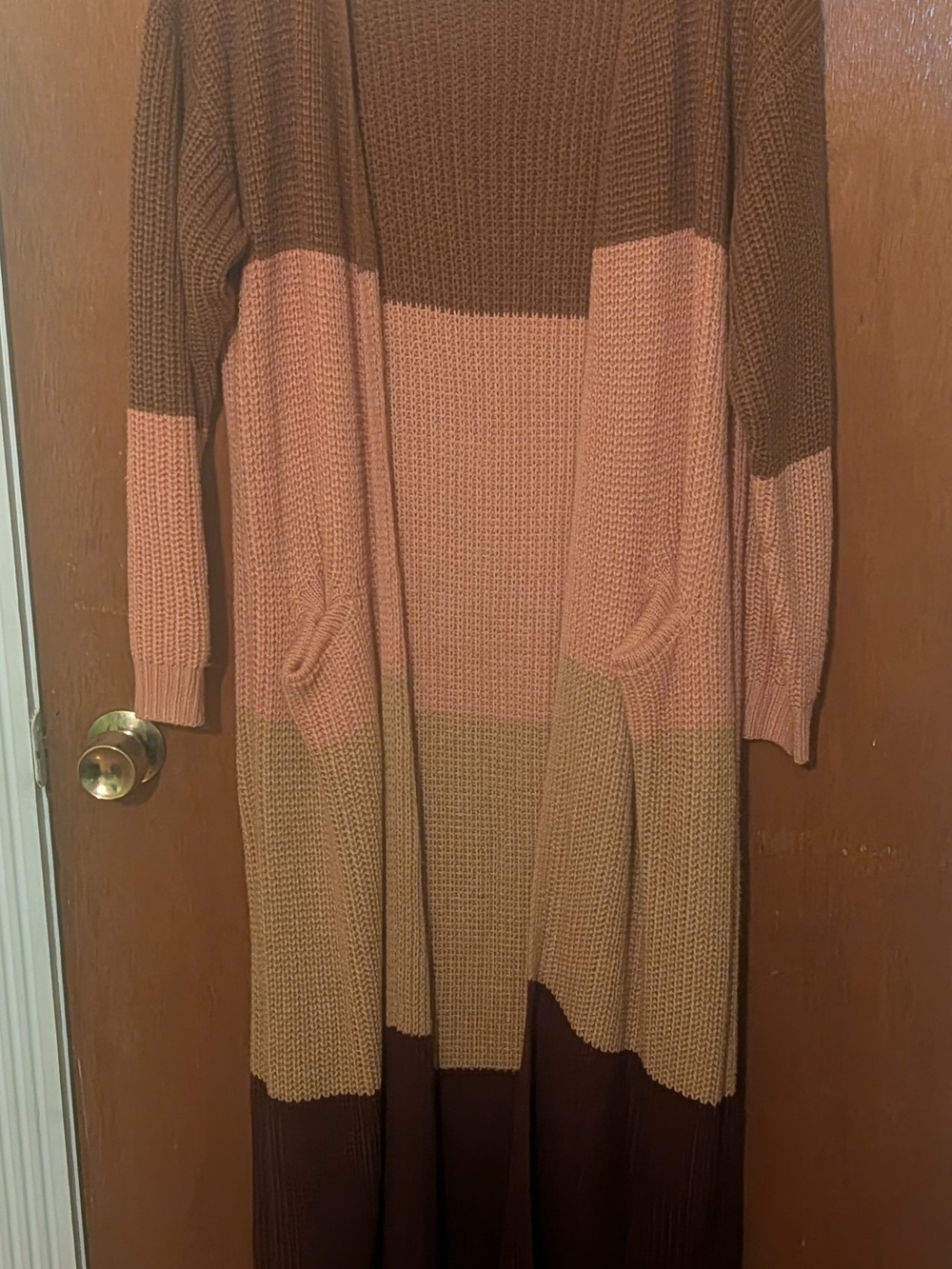 Umgee Long Open-Front Colorblock Knit Cardigan in Brown, Pink & Tan